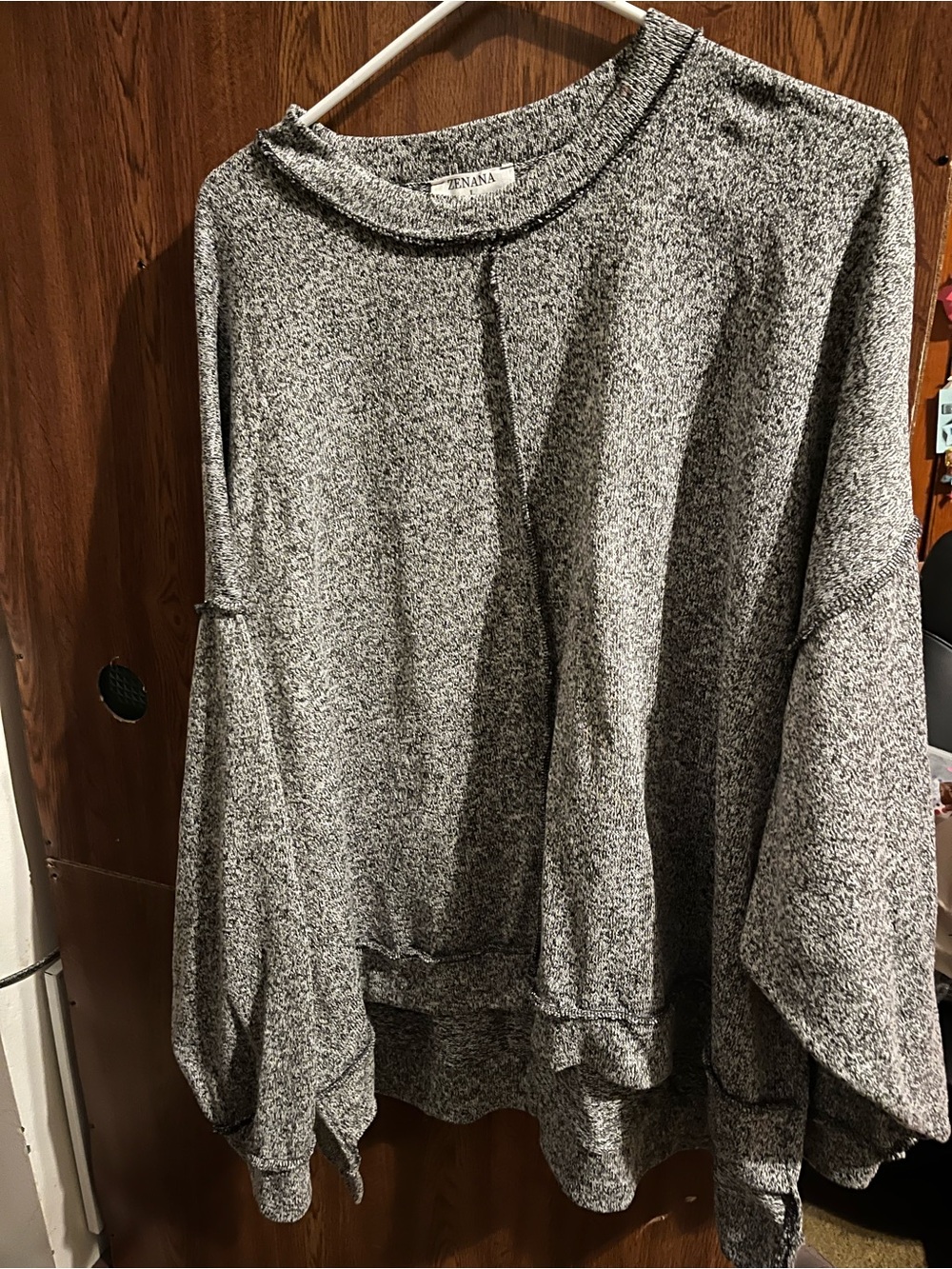 Zenana Outfitters Oversized Black & White Marled Raw-Edge Pullover